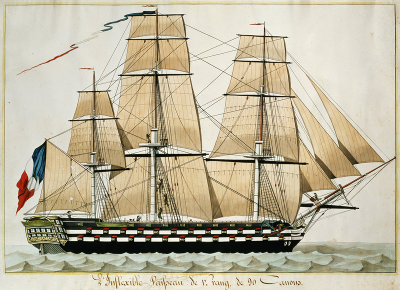 'L'Inflexible Vaisseau de v. Rang de 90 Canons' (The 90 Gun Ship of the Line) c.1835 (w/c with pen & from French School