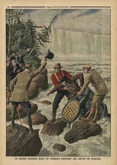A man in a barrel crossing the Niagara Falls, illustration from ''Le Petit Journal'', supplement ill from French School
