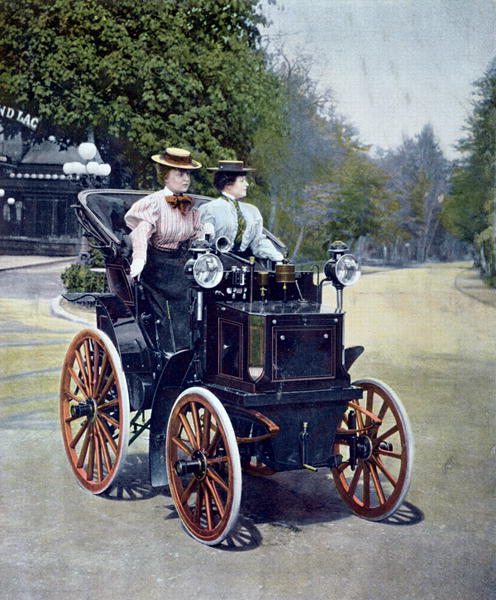 A petrol-powered Panhard Levassor Phaeton with starting handle, 1896 (coloured b/w photo)  from French School