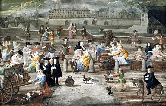 Bread and Poultry Market on Quai des Grands Augustins, painted for a fan from French School