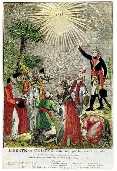 Freedom of Worship during the period of Napoleon''s consulship, depicting Napoleon pointing towards  from French School