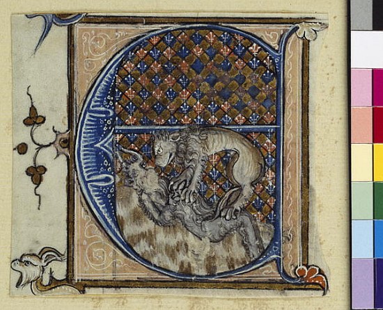 Historiated initial ''E'' depicting a lion fighting a devil, c.1320-30 from French School