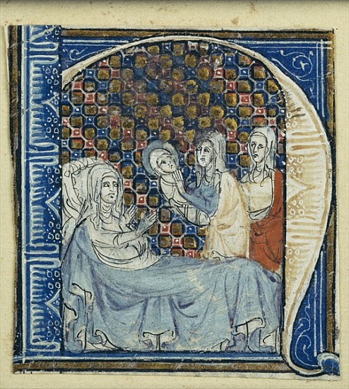 Historiated initial ''H'' depicting the Birth of the Virgin, c.1320-30 from French School