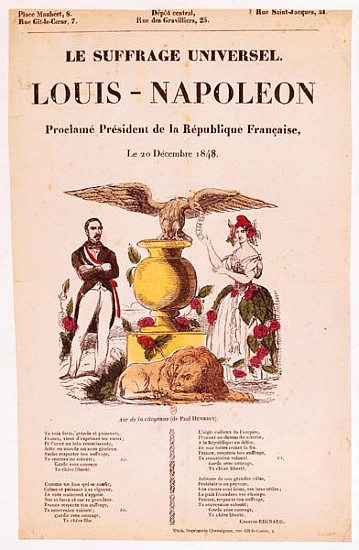 Illustrated lyric sheet for ''Le Suffrage Universel, Louis-Napoleon proclame president de la Republi from French School