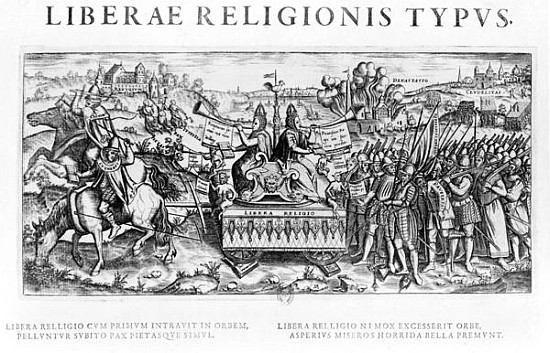Librae Religionis Typus'', allegory on the reformation depicting John Calvin (1509-64) and Martin Lu from French School