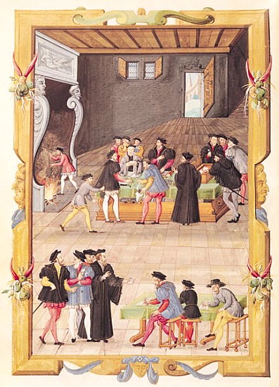 Ms 5169 f.2v The Notaries and the King''s Secretaries in the Hall of the College of Notaries and Kin from French School
