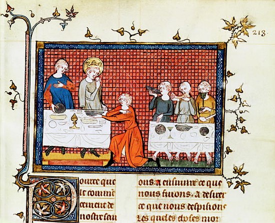 Ms. Fr. 5716 f.213 St. Louis Feeding the Poor, from '' Life and Miracles of St. Louis'', c.1330-40 from French School