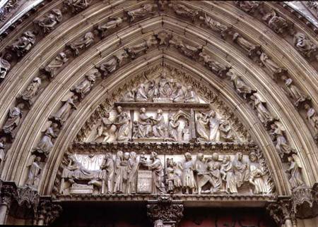 North transept portal, detail of tympanum depicting scenes from The Infancy of Christ and the Story from French School