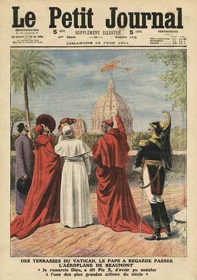 Pope Pius X watching the airplane of Andre Beaumont flying over Rome from the Vatican terrace, illus from French School