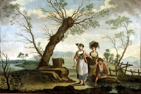 Rustic landscape with washerwomen and a peasant from French School