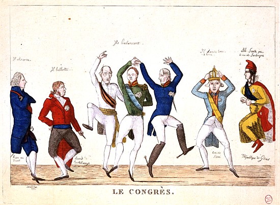 Satirical cartoon depicting the key protagonists in a dance at the Congress of Vienna in 1815 from French School
