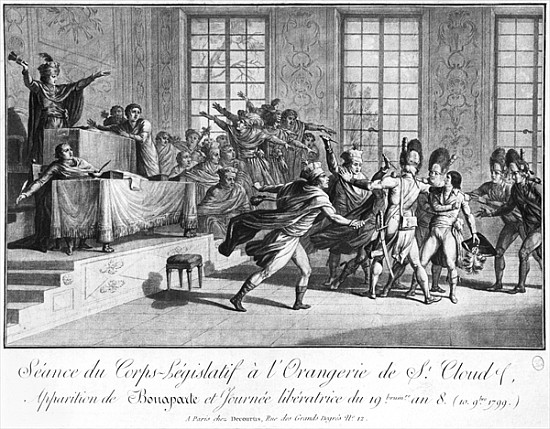 Session of the Legislative body at St.Cloud''s Orangery, arrival of Bonaparte (1769-1821) Protected  from French School