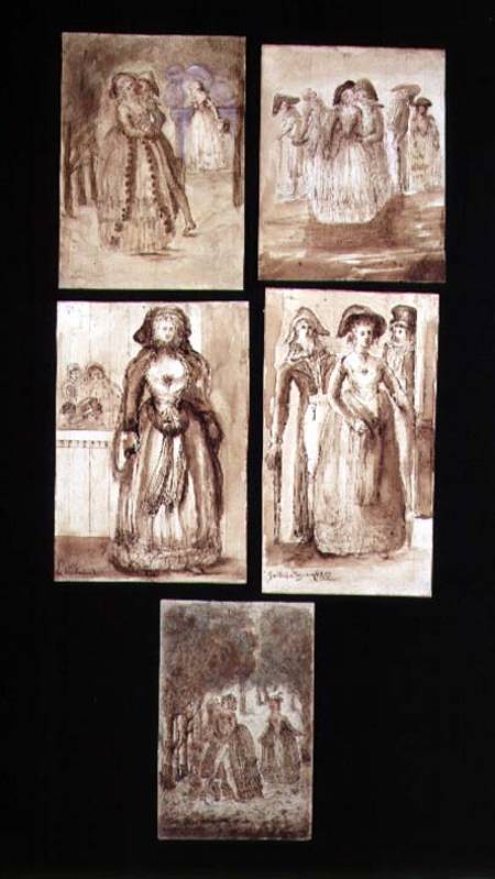 Five Sketches of Courting Lovers in the Park of Versailles from French School