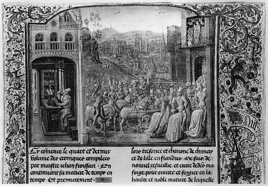 T.4 fol.1 L: Froissart writing his chronicle, R: Isabella of Bavaria (1371-1435) entering Paris in 1 from French School