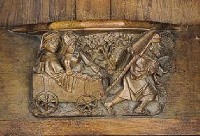 Carving depicting a couple in a cart pulled by a man, from a choir stall