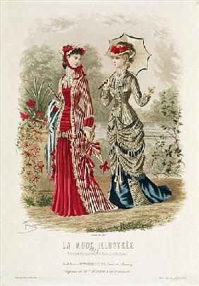 Fashion plate showing hats and dresses, illustration from ''La Mode Ilustree''