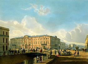The Moyka Embankment and the Police Bridge in St. Petersburg, printed J. Jacottet and Regamey, publi
