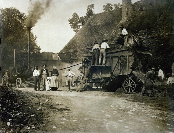 Threshing scene, late 19th century (b/w photo)  from French School