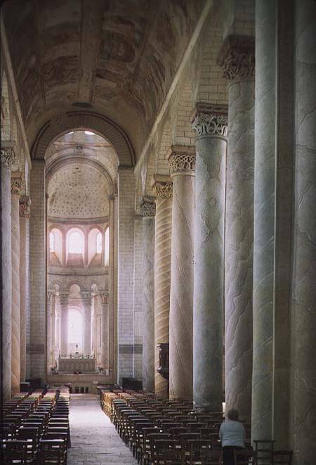 View of the nave towards the choir and the vault decorated with 12th century frescoes (photo) from French School