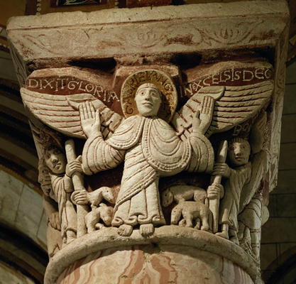 Column capital depicting the archangel Gabriel (stone) from French School, (11th century)