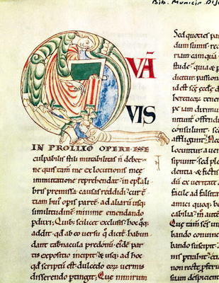 Ms.173 Fol.6 v. Initial 'Q' depicting a monk and an angel, from Moralia in Job by Pope Gregory the G from French School, (12th century)