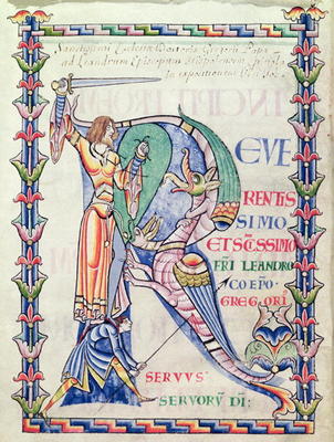 Ms 168 f.4v Historiated initial 'R' depicting a knight fighting a dragon, from 'Moralia in Job' by P from French School, (12th century)
