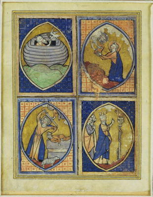 Noah receiving the White Dove, Moses receiving the Tables of the Law, the sacrifice of Abraham, Mose from French School, (13th century)