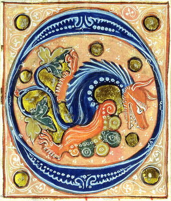 Historiated initial 'O' depicting a griffin (vellum) from French School, (14th century)