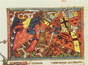 Fr 22495 f.43 Battle between Crusaders and Moslems, from Le Roman de Godefroi de Bouillon (vellum)