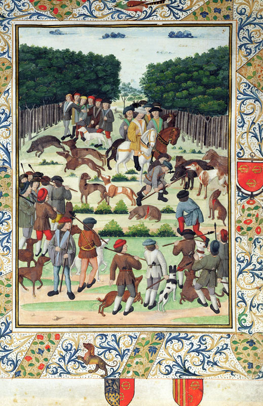 Louis Malet (1441-1516) Seigneur de Graville, hunting wild boar, from the 'Terrier de Marcoussis', 1 from French School, (15th century)