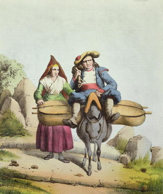Cheese sellers from the Tarbes region, c.1840 (colour engraving) from French School, (19th century)