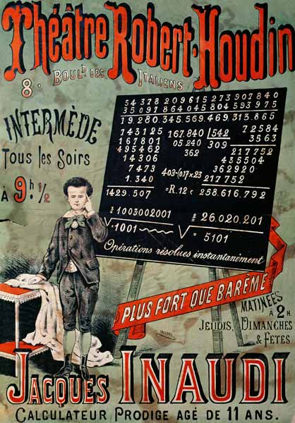 Poster advertising an appearance of Jacques Inaudi (1867-1939) at the Theatre Robert Houdin, Paris, from French School, (19th century)