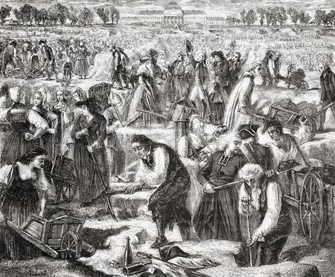 Labourers working in the Champ de Mars (litho) from French School, (19th century)