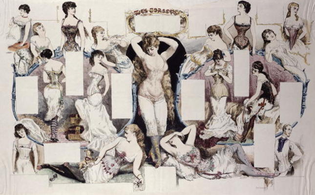 Layout illustrations for an article on women's underwear, from 'La Vie Parisienne', c.1870 (coloured from French School, (19th century)