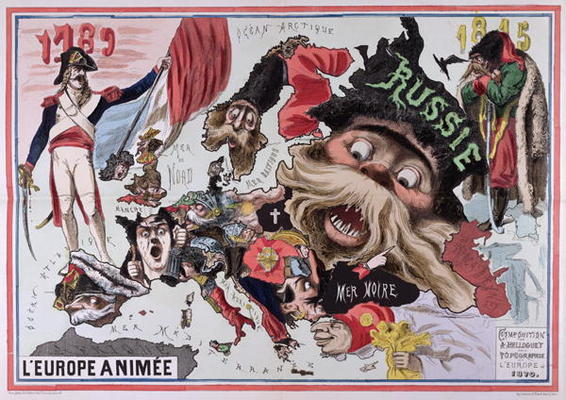 Map of 'Animated Europe' 1870 (colour litho) from French School, (19th century)