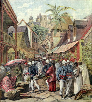 The Madagascar Expedition, French soldiers in a street in Tananarive, from 'Le Petit Journal', 27th from French School, (19th century)