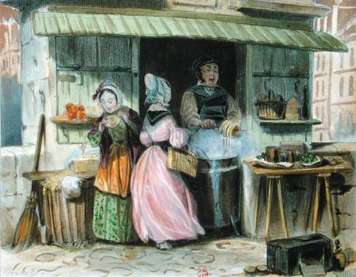 The merchant of 'oublies' in Paris, 1st half 19th century (colour litho) from French School, (19th century)