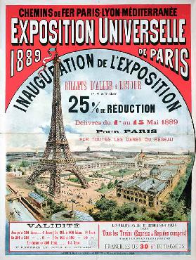 Poster advertising reduced price train tickets to the Exposition Universelle of 1889, from the Chemi