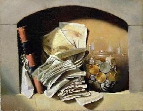A trompe l'oeil of paper money, coins and a broken glass jar in a niche (oil on canvas)