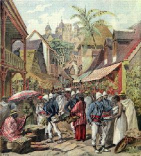 The Madagascar Expedition, French soldiers in a street in Tananarive, from 'Le Petit Journal', 27th