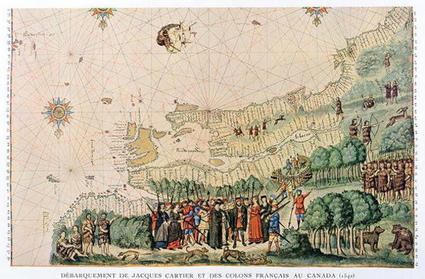 Jacques Cartier (1491-1557) and French colonists disembarking at Quebec in 1542 (colour litho) from French School, (20th century)