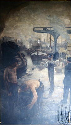 Workers unloading coal from a barge, early twentieth century (oil on canvas) from French School, (20th century)