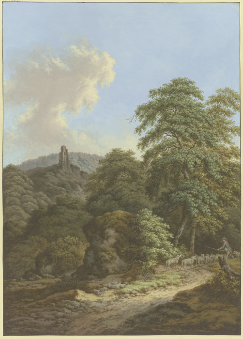 Blick auf eine Burgruine, im Vordergrund ein Schäfer mit Herde from Friedrich Rauscher