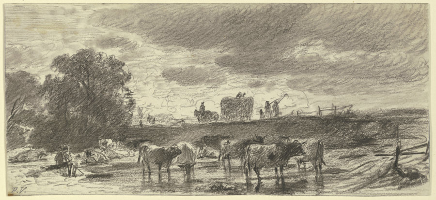 Landschaft in Gewitterstimmung mit einer Viehherde im Vordergrund und einem Erntewagen am Horizont from Friedrich Voltz