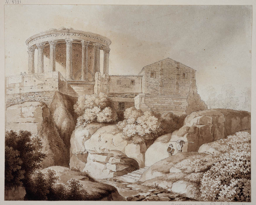Der sogenannte Sibyllentempel zu Tivoli, der Tempel steht von Gebäuden umgeben über baumbestandenen  from Friedrich Wilhelm Gmelin