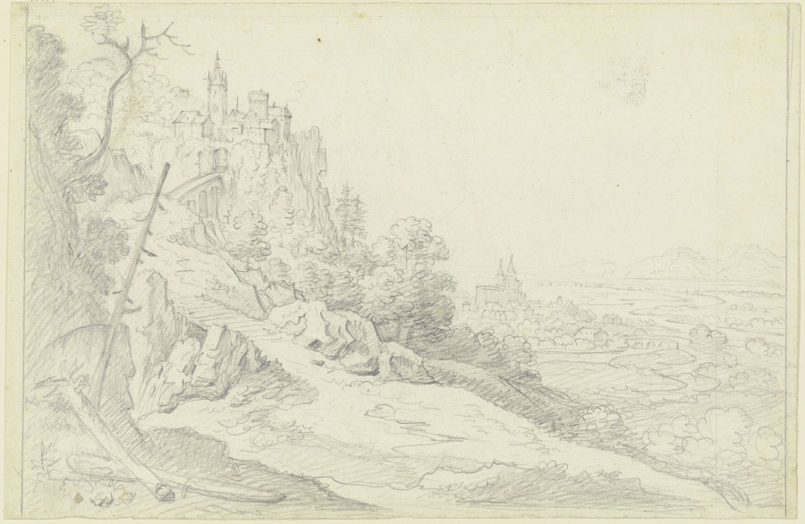 Gebirgslandschaft, links ein Felsenschloß, rechts Blick in eine Ebene mit einer Stadt from Friedrich Wilhelm Hirt
