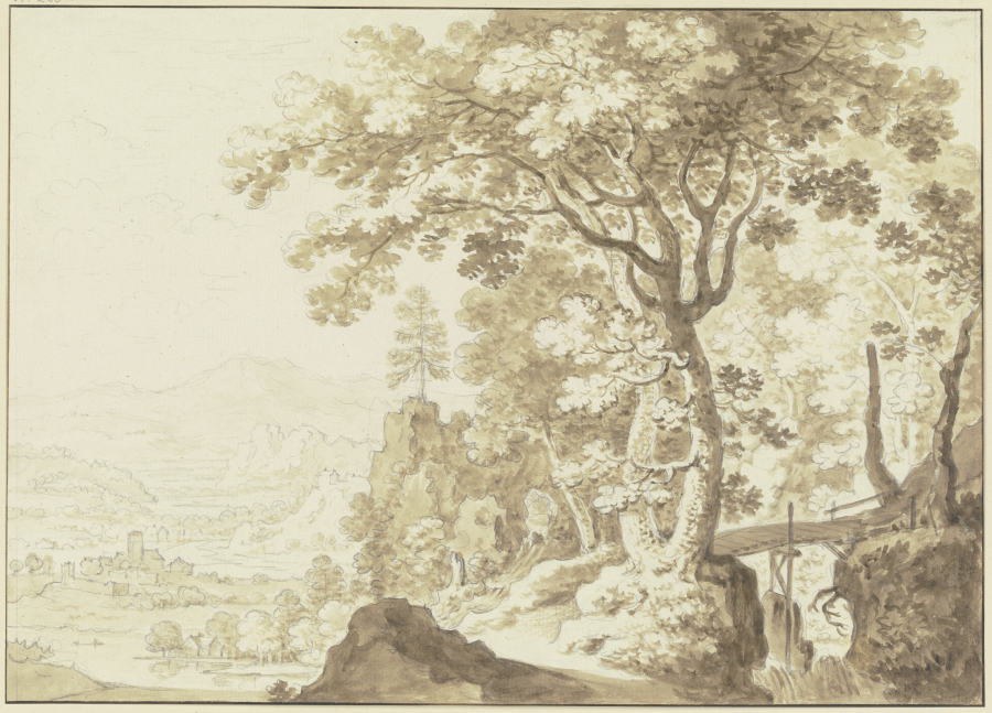 Gebirgslandschaft, links ein Talblick, rechts hohe Bäume und ein Steg über eine Schlucht from Friedrich Wilhelm Hirt