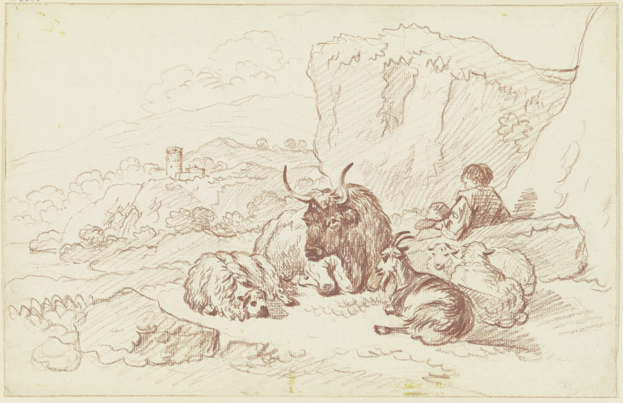 Hirtenknabe bei einem Ochsen, einer Ziege und drei Schafen from Friedrich Wilhelm Hirt