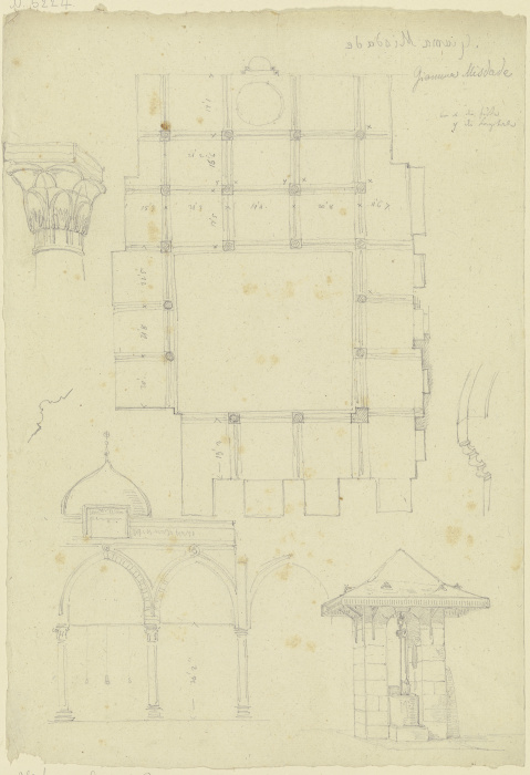 Studienblatt: Grundriss, Wandaufriss, Kapitell, Architekturprofile und -details from Friedrich Maximilian Hessemer