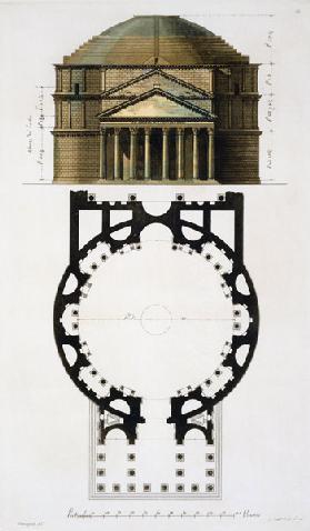 Ground plan and facade of the Pantheon, Rome, from 'Le Costume Ancien et Moderne' by Jules Ferrario,